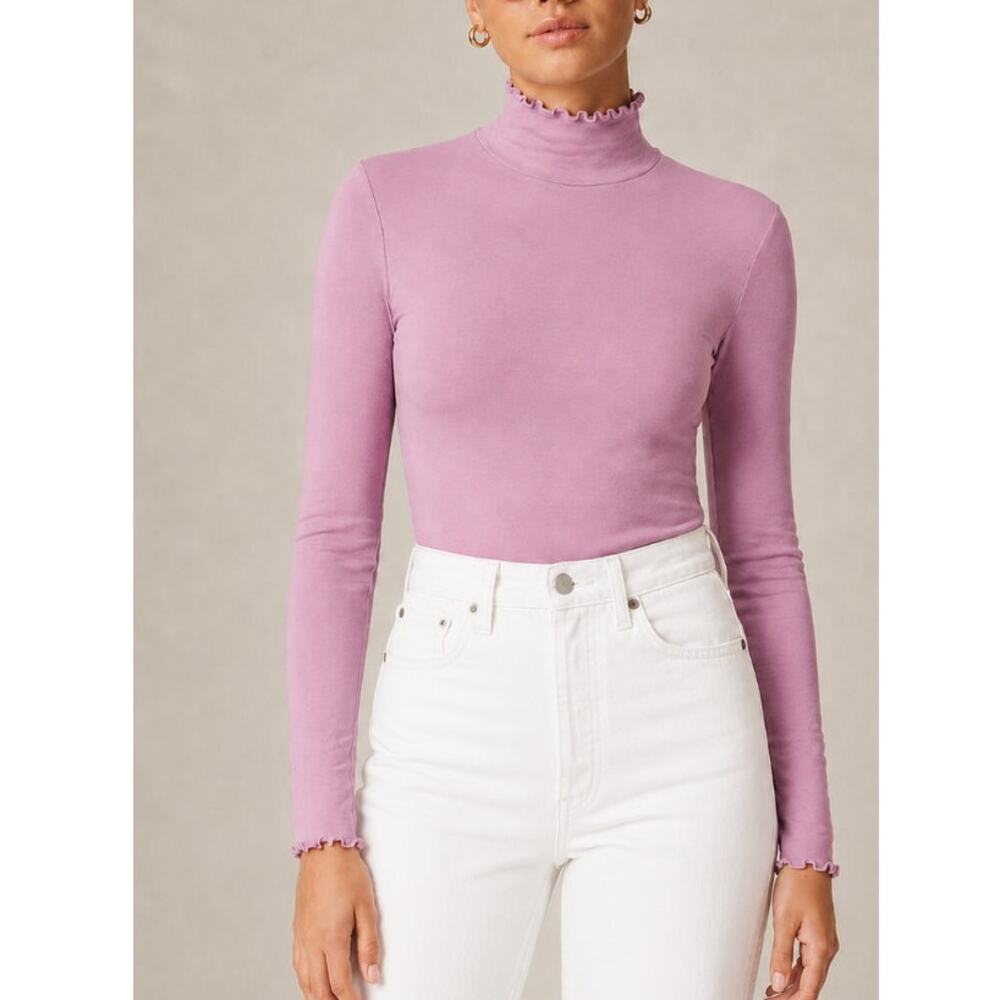 NEW J.CREW Lettuce Ruffle Trimmed Turtleneck Top Dusty Purple Pink XS
